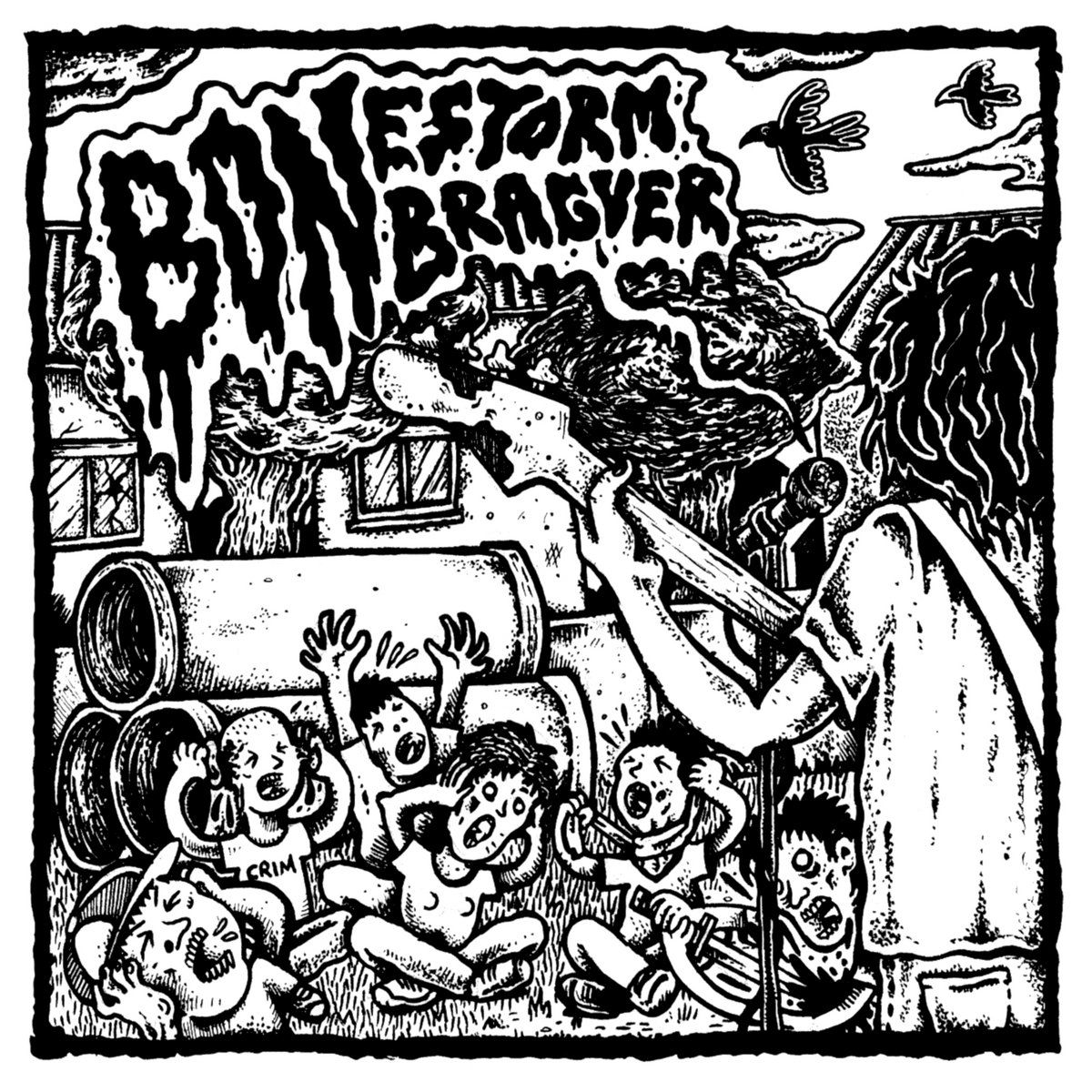 dibuix d'un concert de bonestorm amb tot de nens de públic tapant-se les oïdes
